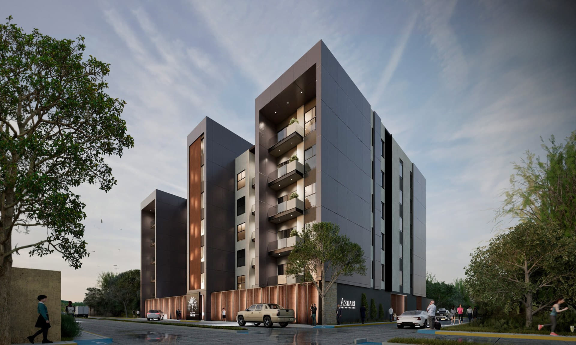 Render de la fachada sur-oriente del proyecto desde la calle
