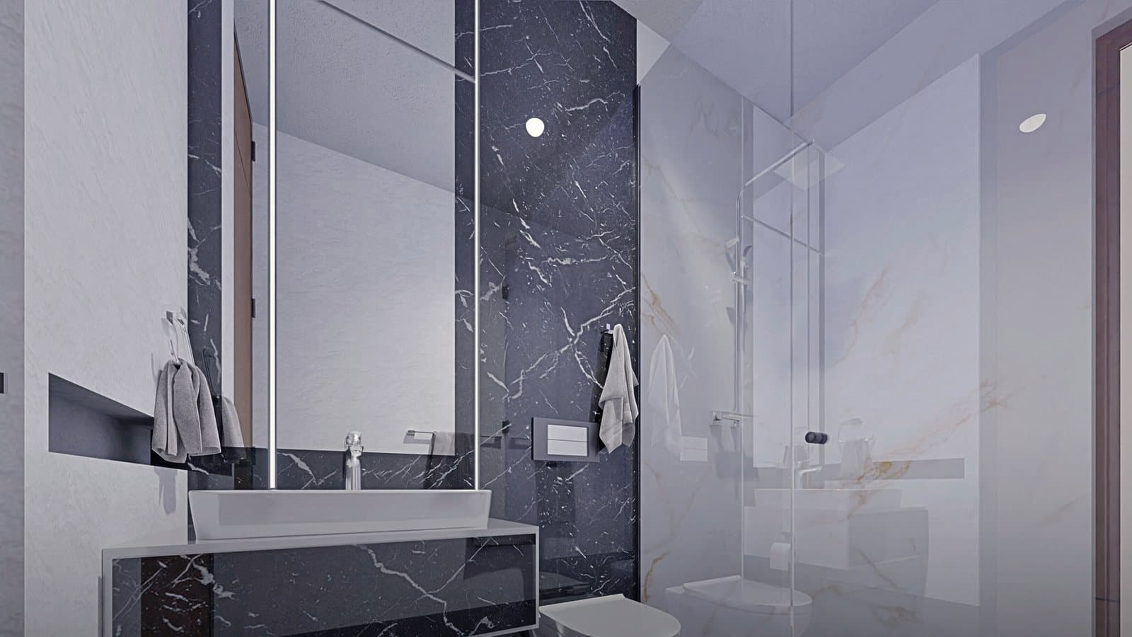 Render de interior de Torre Nara · baño en mármol