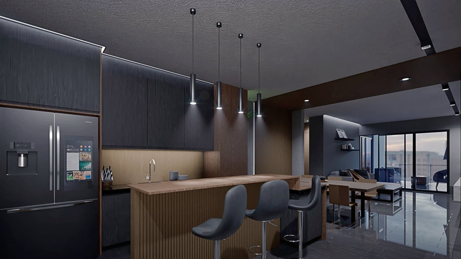 Render de interior de Torre Nara · cocina y comedor