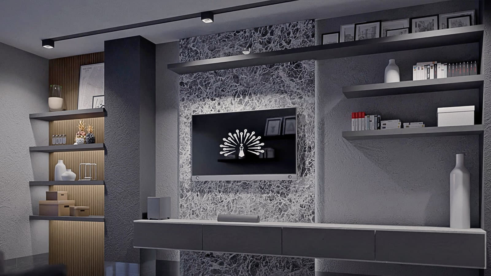 Render de interior de Torre Nara · el muro de la sala
