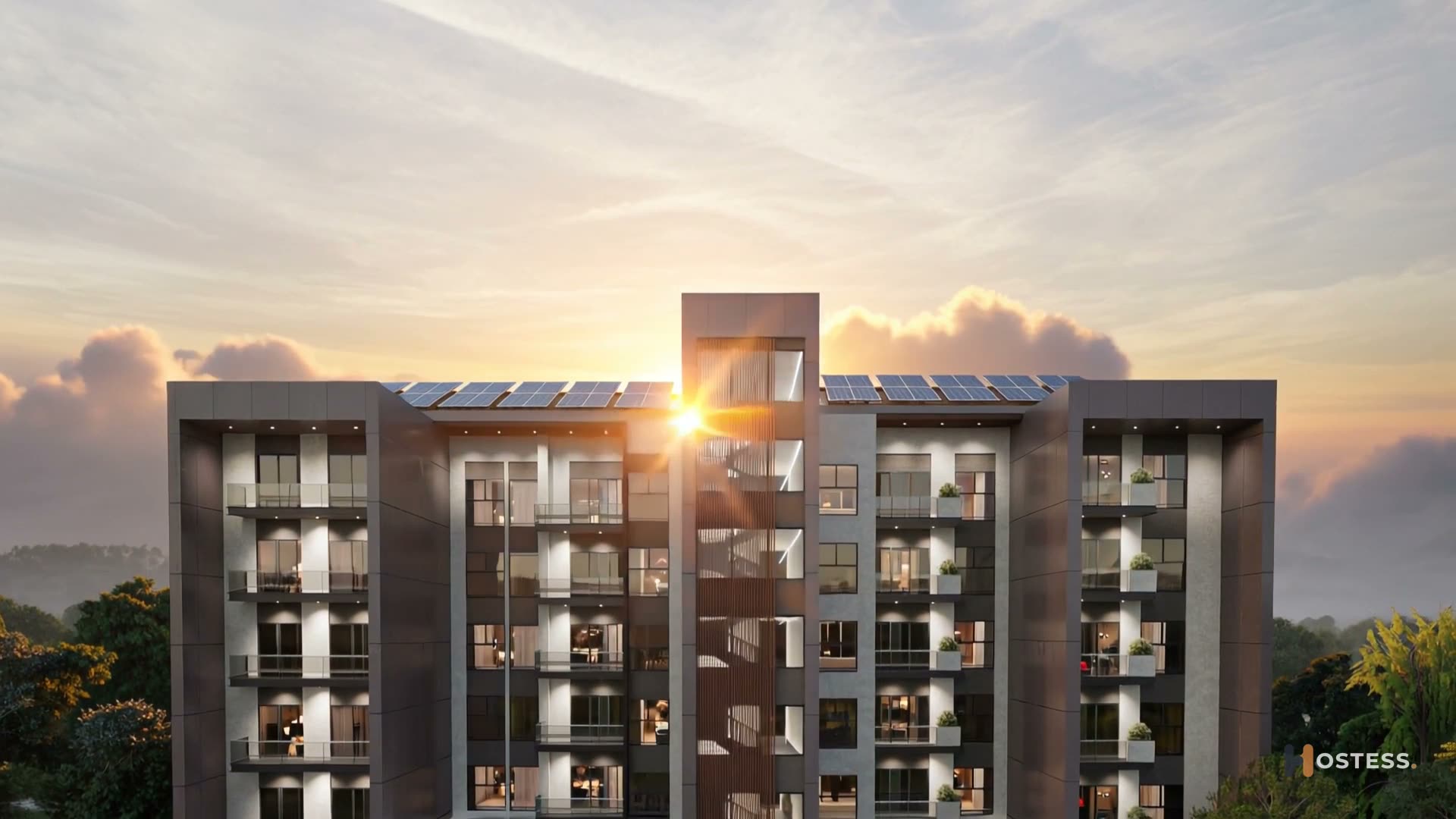 Render de la torre al atardecer con paneles solares en la azotea