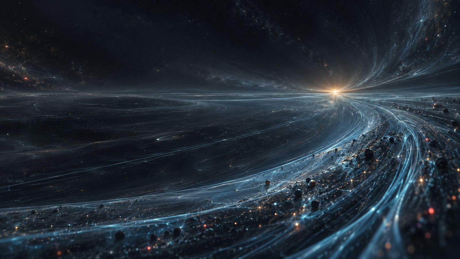 Un horizonte de filamentos azules converge en una pequeña luz cálida