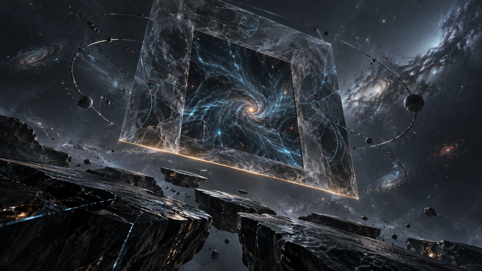 Portal de cristal entre materia y un campo de estrellas