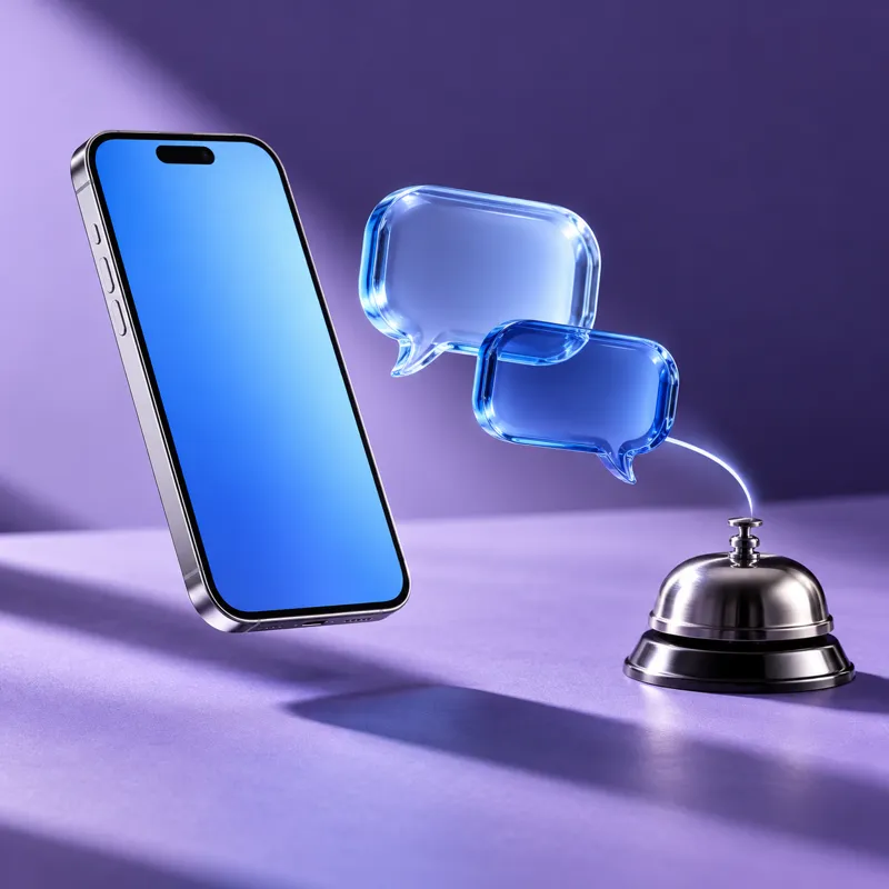 Teléfono plateado y burbujas de conversación conectadas a una campana de atención sobre una superficie violeta.