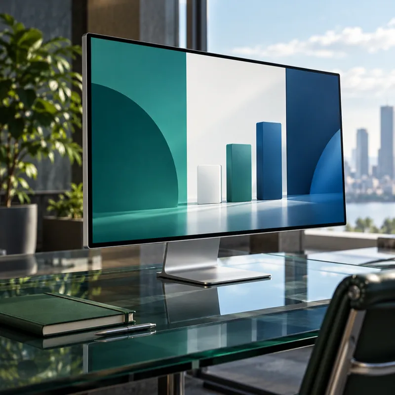 Monitor plateado con formas abstractas azules y verdes sobre un escritorio de vidrio.