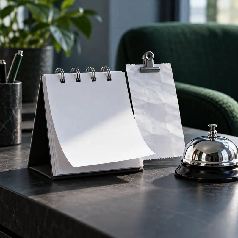 Calendario de escritorio sin fechas con comprobante sujeto y campana metálica.