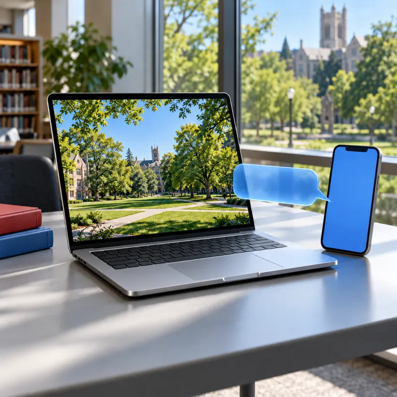 Computadora con una imagen del campus y una burbuja de conversación que conecta con un teléfono.