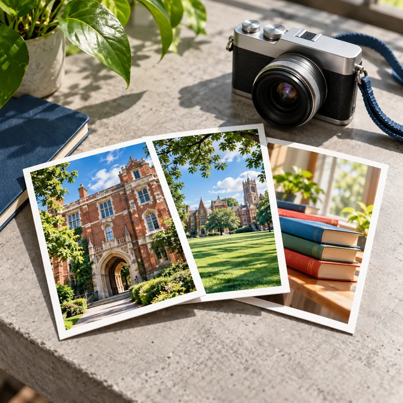 Cámara y tres fotografías de un campus, sus jardines y libros, preparadas como contenido para atraer alumnos.