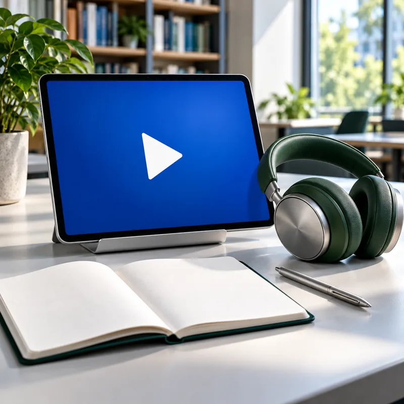 Tableta con símbolo de reproducción, audífonos verdes y cuaderno abierto para aprender a usar los motores.