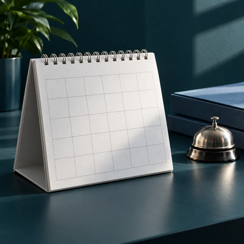Calendario de escritorio sin cifras, carpetas azules y una campana para recordar pagos programados.