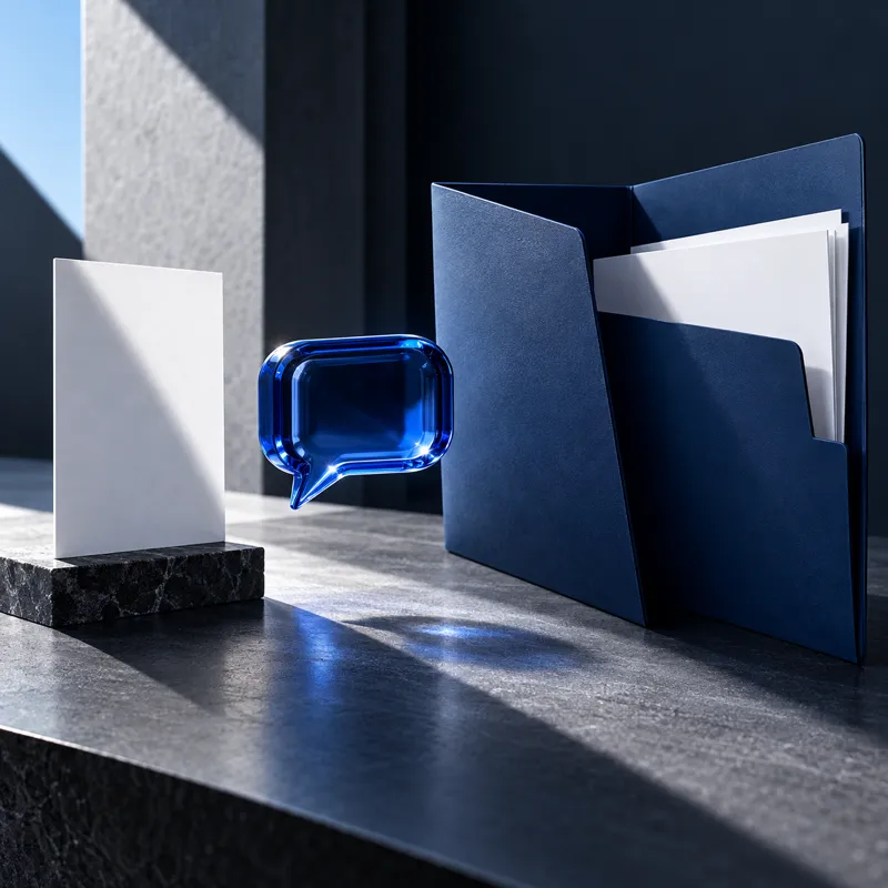 Tarjeta sin texto, burbuja de vidrio azul y carpeta de solicitud sobre una mesa oscura.