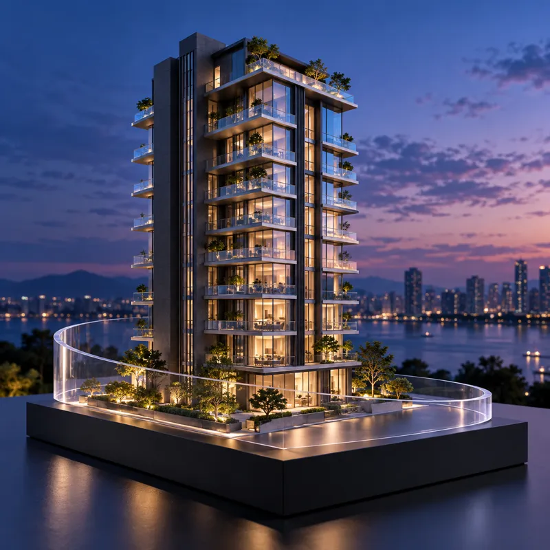 Maqueta de torre residencial rodeada por una curva transparente que sugiere un recorrido.
