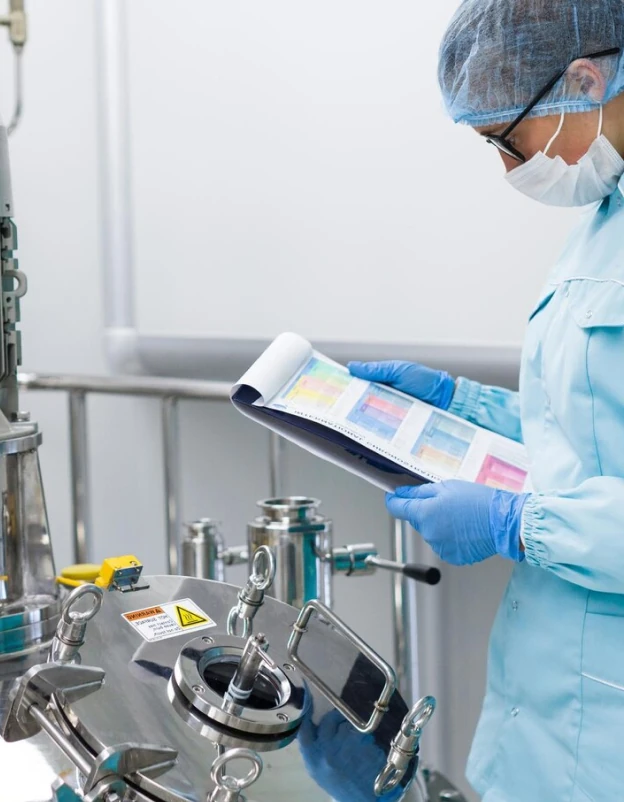 A Syntex Labs technician checking the batch record beside a reactor, inside the cleanroom