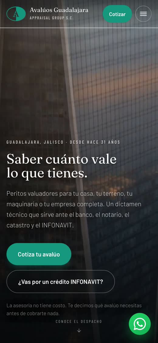 Portada del sitio de Avalúos Guadalajara, del despacho del Ing. Ricardo Uribe