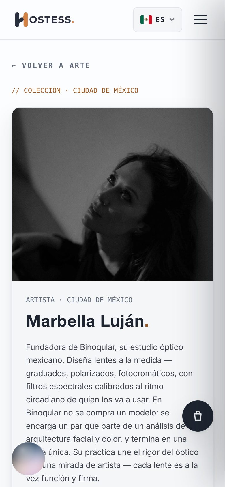 Ficha de Marbella Luján, fundadora de Binoqular, en el apartado de arte de Hostess