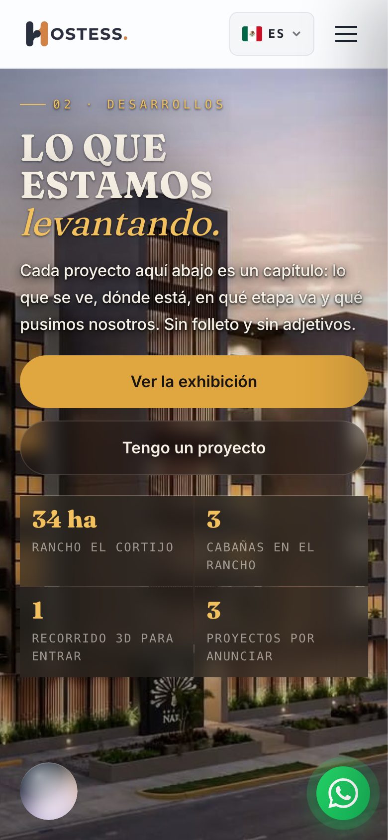 Apartado de desarrollos de Hostess, con la fachada de Torre Nara al abrir