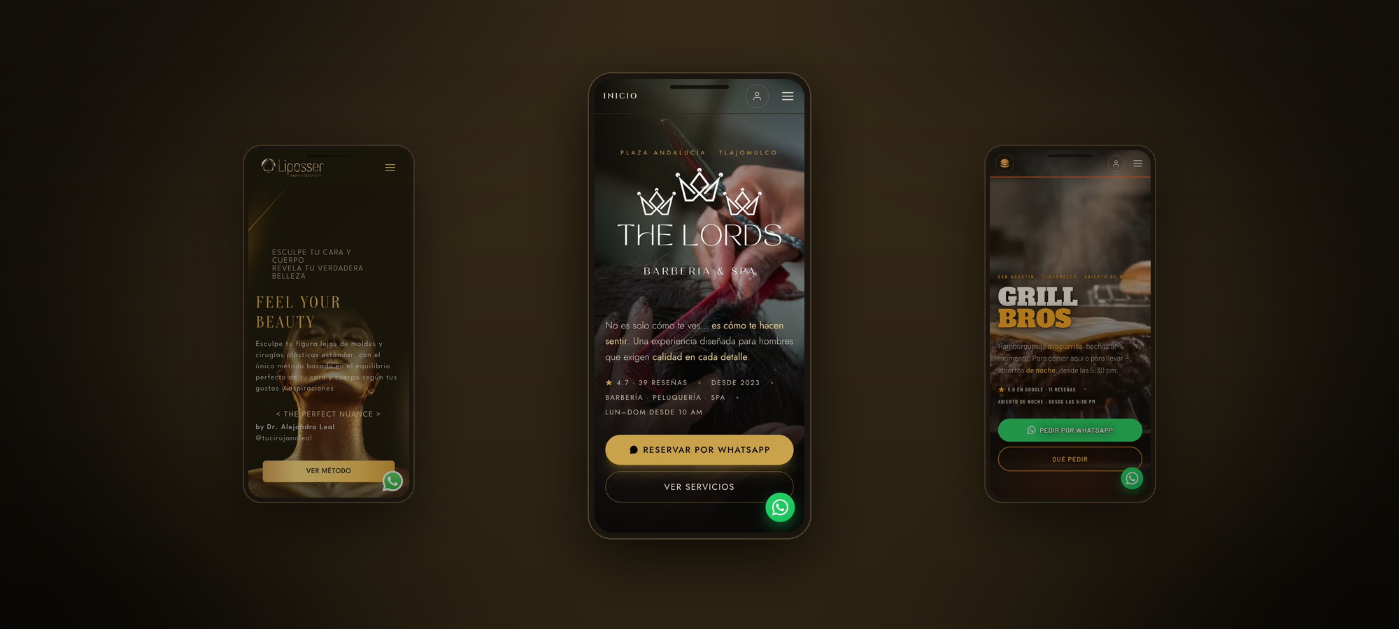 Los sitios de The Lords, Liposser y Grill Bros —tres negocios nuestros— abiertos en un teléfono.