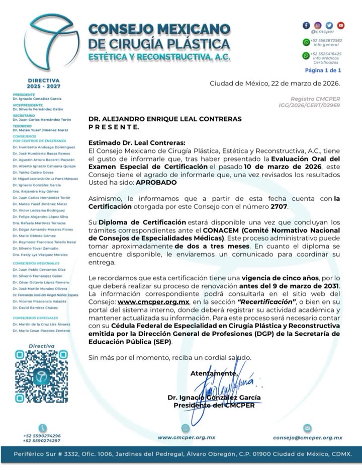 Constancia de certificación del Consejo Mexicano de Cirugía Plástica, Estética y Reconstructiva, A.C., número 2707