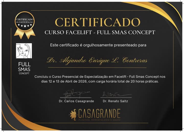 Constancia del curso Facelift Full SMAS Concept, clínica Casagrande, Brasil
